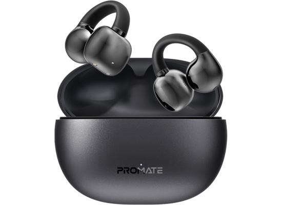 Promate AirClip AudioFit Stability True Wireless Earbuds with OWS Technology, IntelliTouch Control, Ergonomic Open-Ear Clip Design, 28-Hour Playtime, 500mAh Charging Case, Water-Resistance - Black
